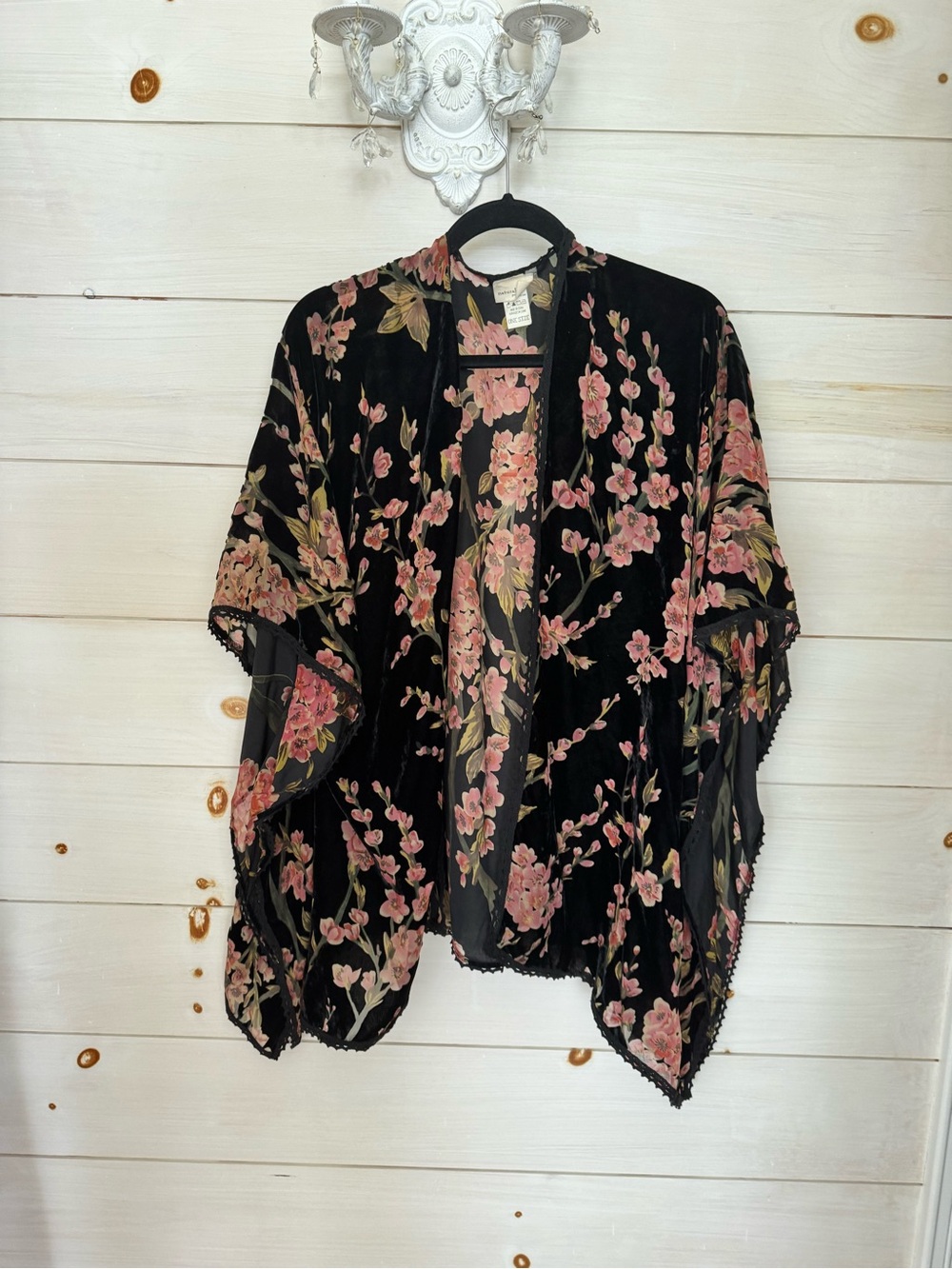 NATURAL LIFE Black Velvet Floral Kimono with Pink Blossoms